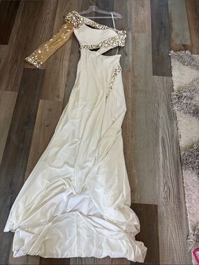 One-Shoulder Cream Evening Gown with Embellished Trim
